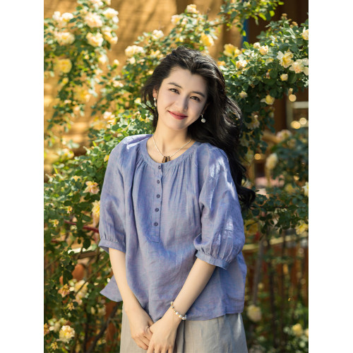 綻放176朵/高級質感色織亞麻寬鬆文藝襯衫半開門襟旅遊穿搭上衣女