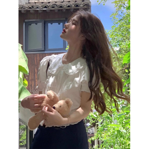 白色泡泡袖短袖襯衫女夏季新款娃娃領法式荷葉邊襯衣修身短款上衣