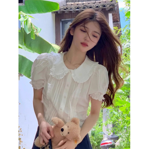 白色泡泡袖短袖襯衫女夏季新款娃娃領法式荷葉邊襯衣修身短款上衣