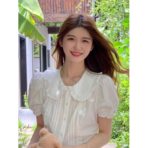 白色泡泡袖短袖襯衫女夏季新款娃娃領法式荷葉邊襯衣修身短款上衣