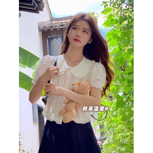白色泡泡袖短袖襯衫女夏季新款娃娃領法式荷葉邊襯衣修身短款上衣