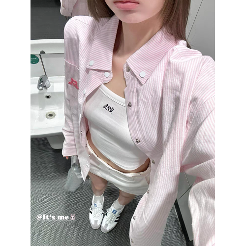 美式復古襯衫女春季小狗刺綉粉色條紋襯衣寬松防曬外套多巴胺上衣