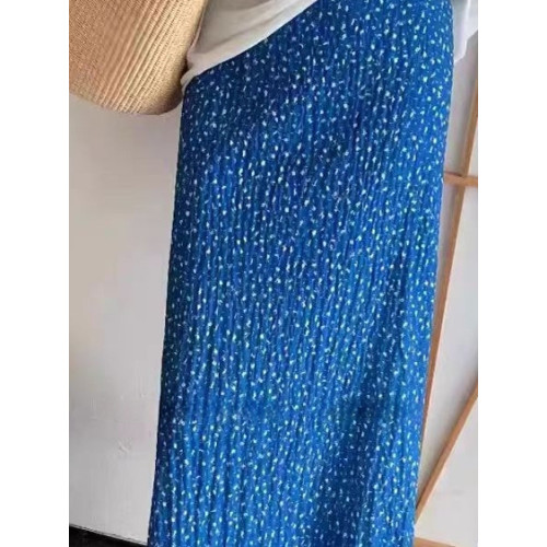 碎花半身裙女夏多巴胺藍色褶皺印花直筒裙高腰顯瘦後開叉包臀裙子