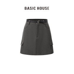 百家好/Basic House高腰立體口袋工裝短裙女腰帶通勤直筒包臀裙夏