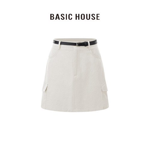 百家好/Basic House高腰立體口袋工裝短裙女腰帶通勤直筒包臀裙夏