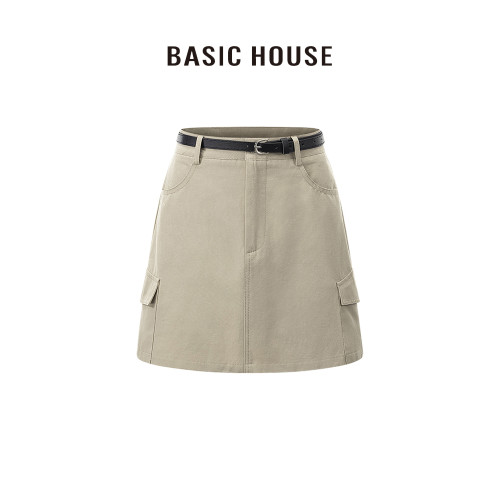百家好/Basic House高腰立體口袋工裝短裙女腰帶通勤直筒包臀裙夏