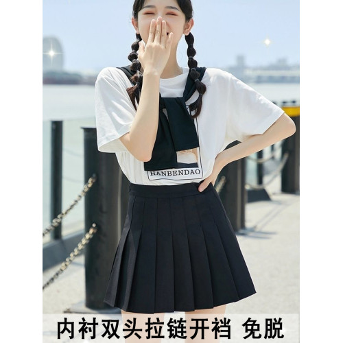 JK百褶短裙隱形拉鍊開襠褲戶外約會免穿脫情侶野外車內方便格子裙