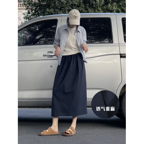 左手日記25夏新藏青色減齡花苞裙顯瘦遮肉A字蓬蓬裙亞麻半身裙夏