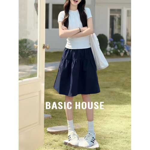 Basic House/百家好藏青色高腰蓬蓬短裙女士夏季寬松防走光A字裙
