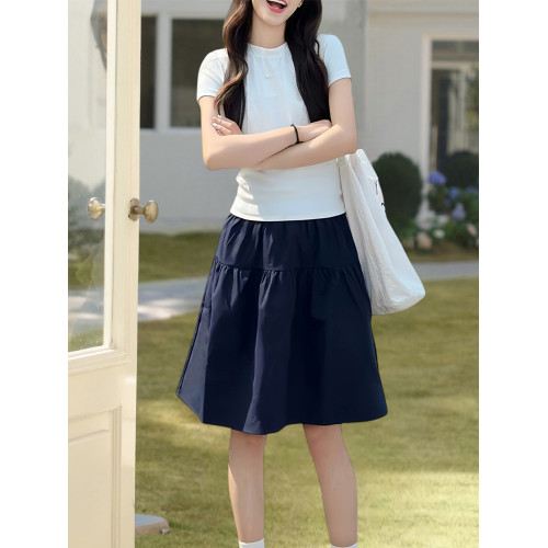 Basic House/百家好藏青色高腰蓬蓬短裙女士夏季寬松防走光A字裙