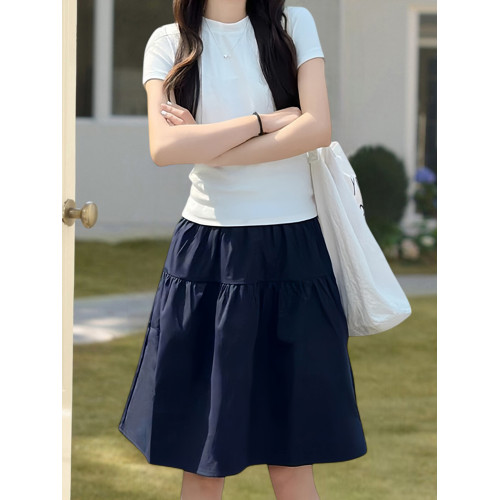 Basic House/百家好藏青色高腰蓬蓬短裙女士夏季寬松防走光A字裙