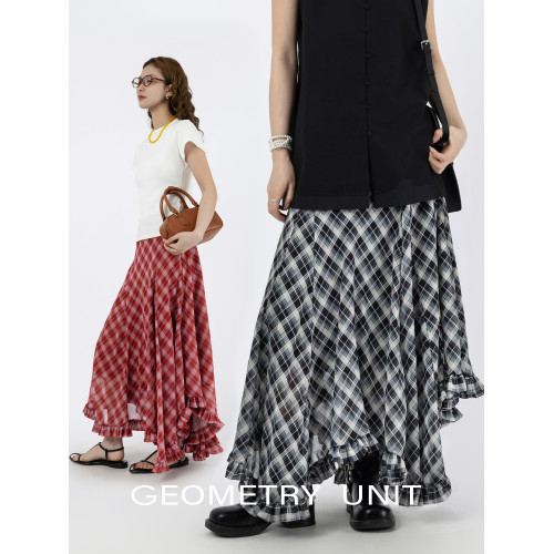 幾何單元夏季木耳荷葉邊底擺不規則格紋半身裙女雪紡中長A字裙 幾何單元夏季木耳荷葉邊底擺不規則格紋半身裙女雪紡中長A字裙