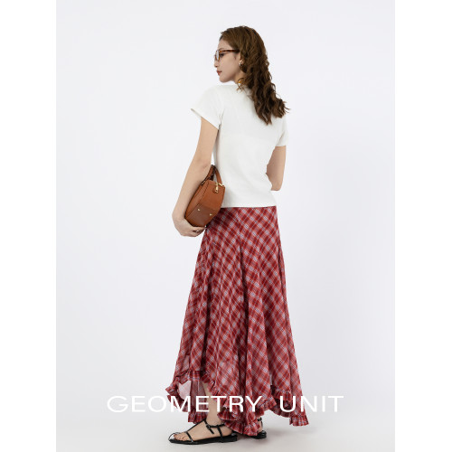 幾何單元夏季木耳荷葉邊底擺不規則格紋半身裙女雪紡中長A字裙 幾何單元夏季木耳荷葉邊底擺不規則格紋半身裙女雪紡中長A字裙