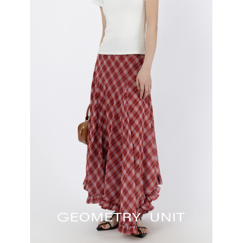 幾何單元夏季木耳荷葉邊底擺不規則格紋半身裙女雪紡中長A字裙 幾何單元夏季木耳荷葉邊底擺不規則格紋半身裙女雪紡中長A字裙