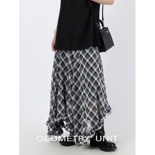 幾何單元夏季木耳荷葉邊底擺不規則格紋半身裙女雪紡中長A字裙 幾何單元夏季木耳荷葉邊底擺不規則格紋半身裙女雪紡中長A字裙