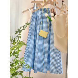 藍色格子半身裙女夏季2025新款小衆氣質巨好看文藝繖裙小清新半裙