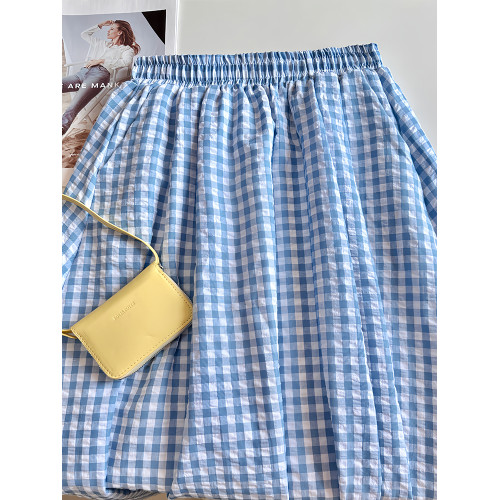 藍色格子半身裙女夏季2025新款小衆氣質巨好看文藝繖裙小清新半裙