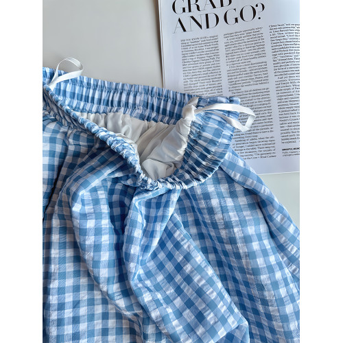 藍色格子半身裙女夏季2025新款小衆氣質巨好看文藝繖裙小清新半裙