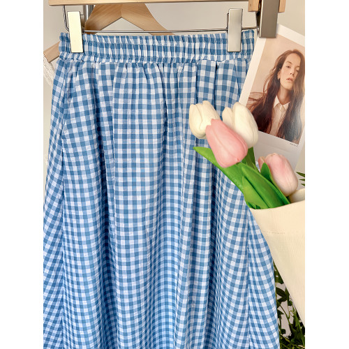 藍色格子半身裙女夏季2025新款小衆氣質巨好看文藝繖裙小清新半裙
