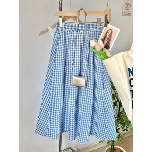 藍色格子半身裙女夏季2025新款小衆氣質巨好看文藝繖裙小清新半裙