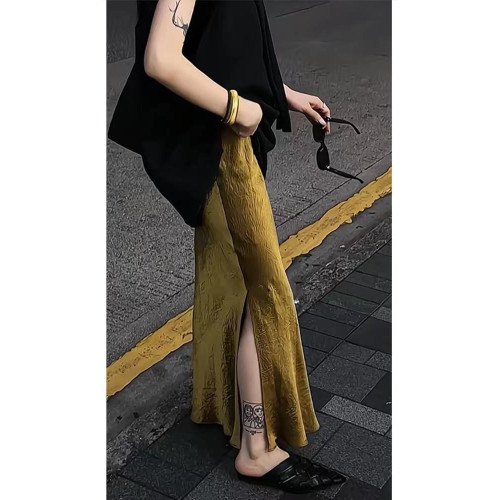 垂感緞面半身裙女設計感小個子長款開叉包臀裙春夏高腰直筒一步裙