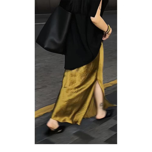 垂感緞面半身裙女設計感小個子長款開叉包臀裙春夏高腰直筒一步裙