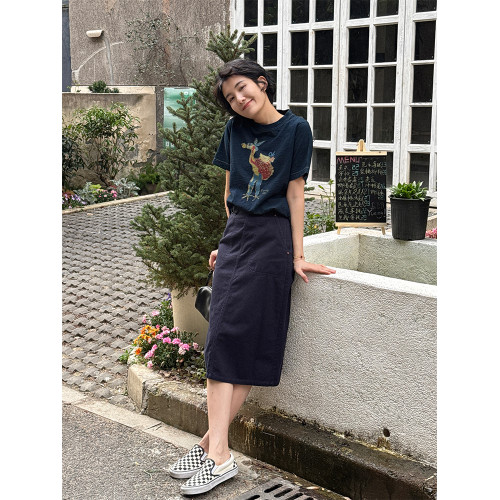 周浪清小個子藏青色a字半身裙女2025新款夏季純棉顯瘦中長款裙子