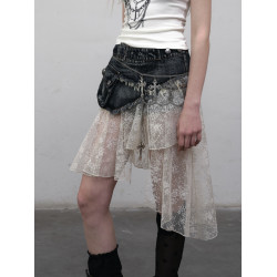 NO ROMANCE原創設計復古街頭拼接蕾絲不規則做舊水洗牛仔半身裙褲