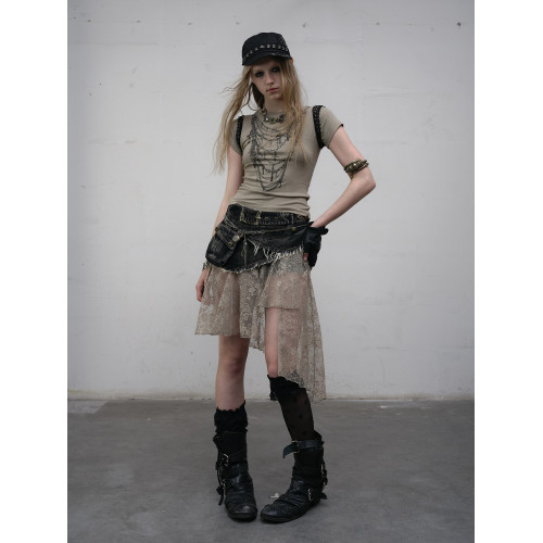 NO ROMANCE原創設計復古街頭拼接蕾絲不規則做舊水洗牛仔半身裙褲