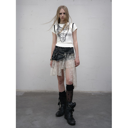 NO ROMANCE原創設計復古街頭拼接蕾絲不規則做舊水洗牛仔半身裙褲