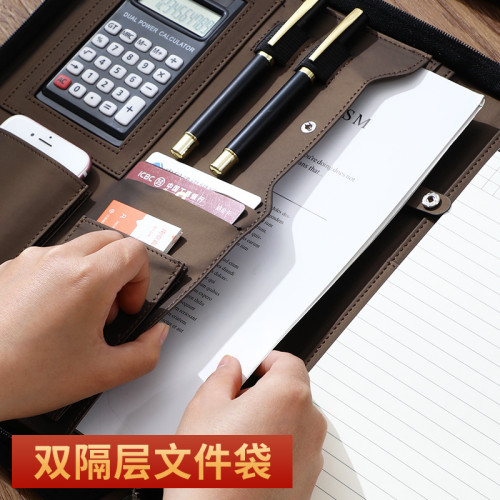 藍色A4多功能活頁經理夾拉鍊包寫字板商務資料皮質袋雙隔層收納夾