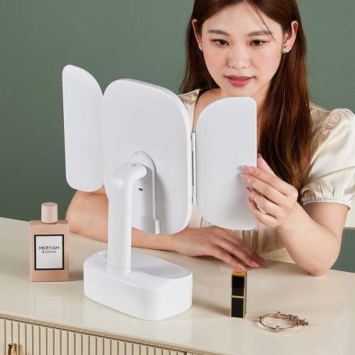 雙開門LED化妝鏡桌上型桌面鏡子帶燈光補光學生宿舍充電發光梳妝鏡