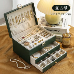 大容量首飾盒皮革三層抽屜飾品收納盒黃金珠寶項鍊耳釘手鐲收納盒