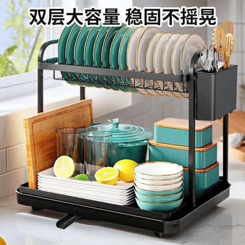 廚房碗碟乾燥架不鏽鋼碗碟架適用於廚房櫃台瀝水架二層廚房收納架