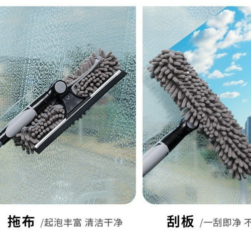 二合一窗戶清潔刮刀加長除塵刷雙面高層玻璃擦蜘蛛網刷