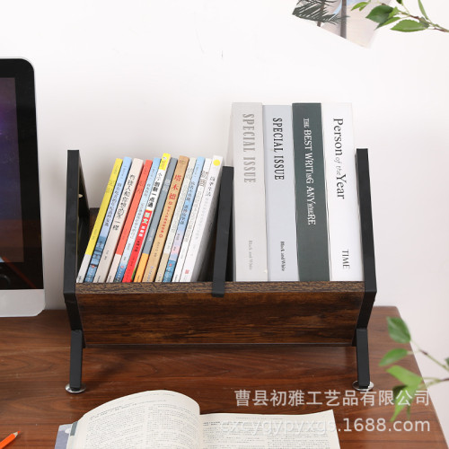 桌面復古黑膠唱片收納架鐵木結合辦公室桌面大容量襍志置物架