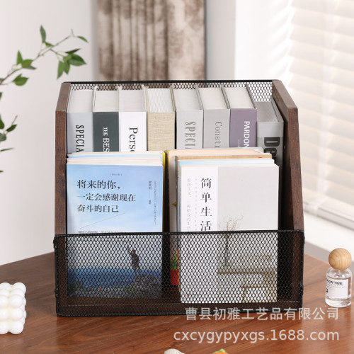 桌面復古黑膠唱片收納架鐵木結合辦公室桌面大容量襍志置物架