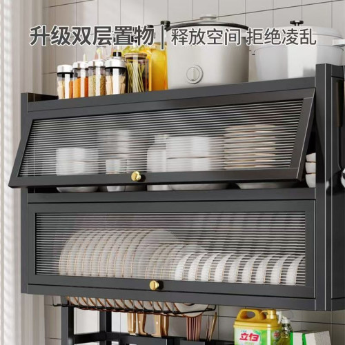 廚房帶櫃門置物架台面雙層放鍋儲物架家用碗筷防塵收納碗碟瀝水架