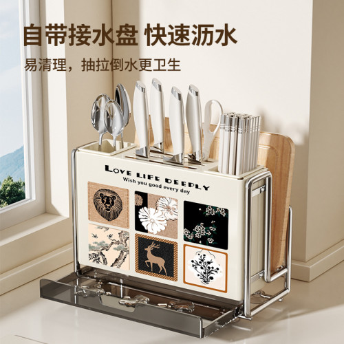 2025新款中古風廚房刀架置物架菜板刀具多功能筷子籠一體收納放置