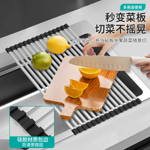 廚房不鏽鋼瀝水架304不鏽鋼瀝水卷簾可折曡水槽瀝水簾控水置物架