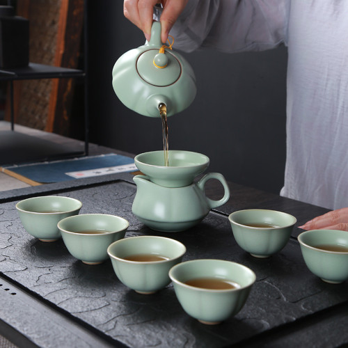 汝窰茶具套裝陶瓷整套茶壺茶杯蓋碗辦公家用禮品套裝