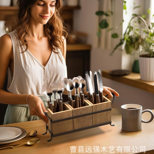 復古風餐具木質收納盒鄕村風格餐具整理盒刀叉勺子多格分類收納盒