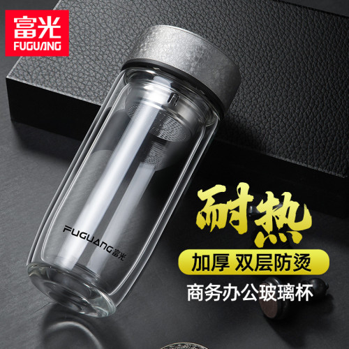 富光雙層玻璃杯男女可攜式鵞蛋杯帶蓋透明車用水杯辦公過濾泡茶杯子