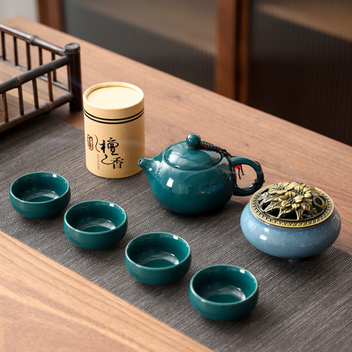 國潮風商務禮品茶具青瓷西施壺1壺4杯香爐檀香組合套裝定