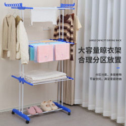 多功能落地三層毛巾架飛翼型晾衣架室內落地折曡移動衣架19管