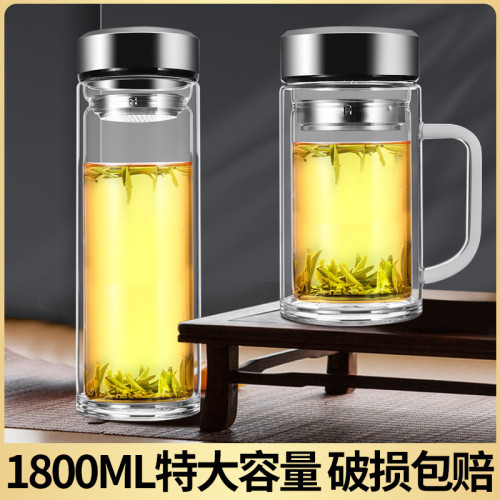 新款雙層玻璃杯 男女大容量可攜式水杯商務辦公泡茶杯加厚透明杯