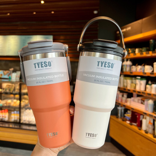 tyeso新款咖啡杯雙層保溫保冷手提冰霸杯大容量不鏽鋼雙飲車用杯