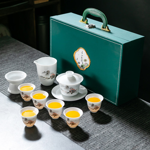 整套羊脂玉白瓷茶具陶瓷功夫茶具套裝辦公家用商務茶具禮品禮盒裝