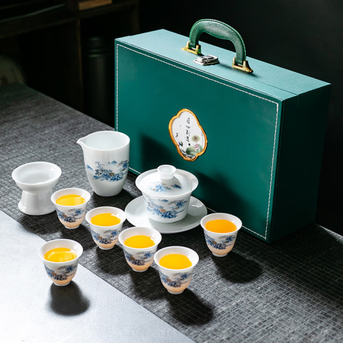 整套羊脂玉白瓷茶具陶瓷功夫茶具套裝辦公家用商務茶具禮品禮盒裝