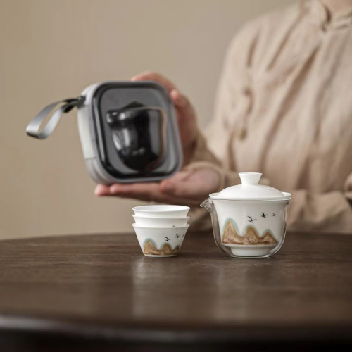 陶瓷旅行茶具可攜式快客杯一壺三杯羊脂玉功夫茶具國潮禮品